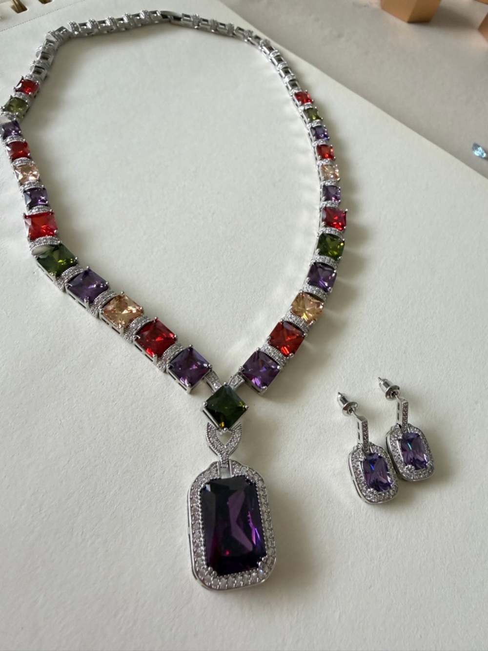 Multi-Color Gemstone Necklace and Earrings Set - Purple Pendant